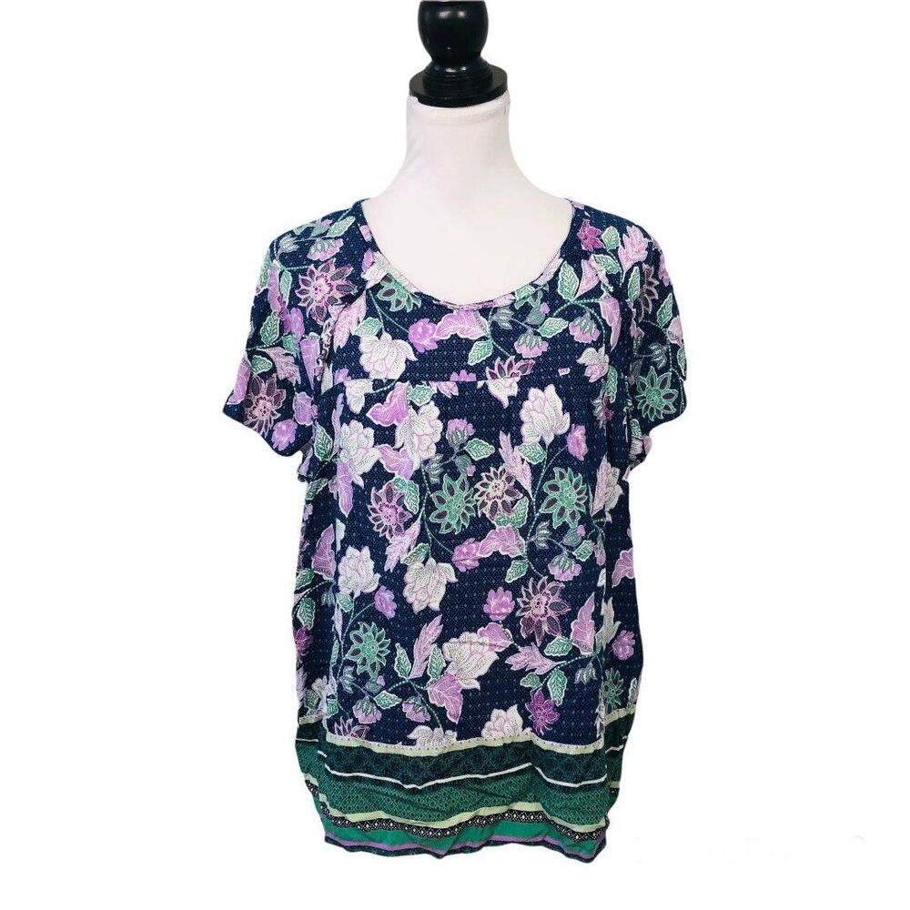 St John's Bay Blouse Plus XXL Ruffled Multicolored Rayon Keyhole Pullover Work